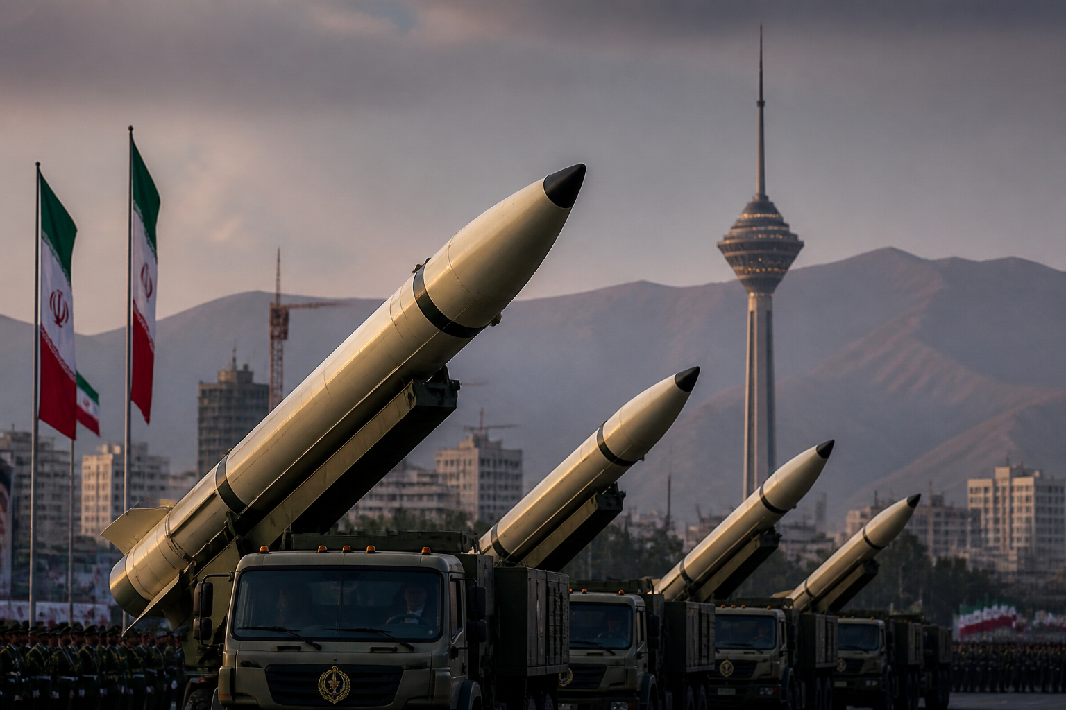 KJ Reports, Middle East — A row of Iranian ballistic missiles mounted on mobile launchers during a military parade in Tehran with the Milad Tower in the back…
