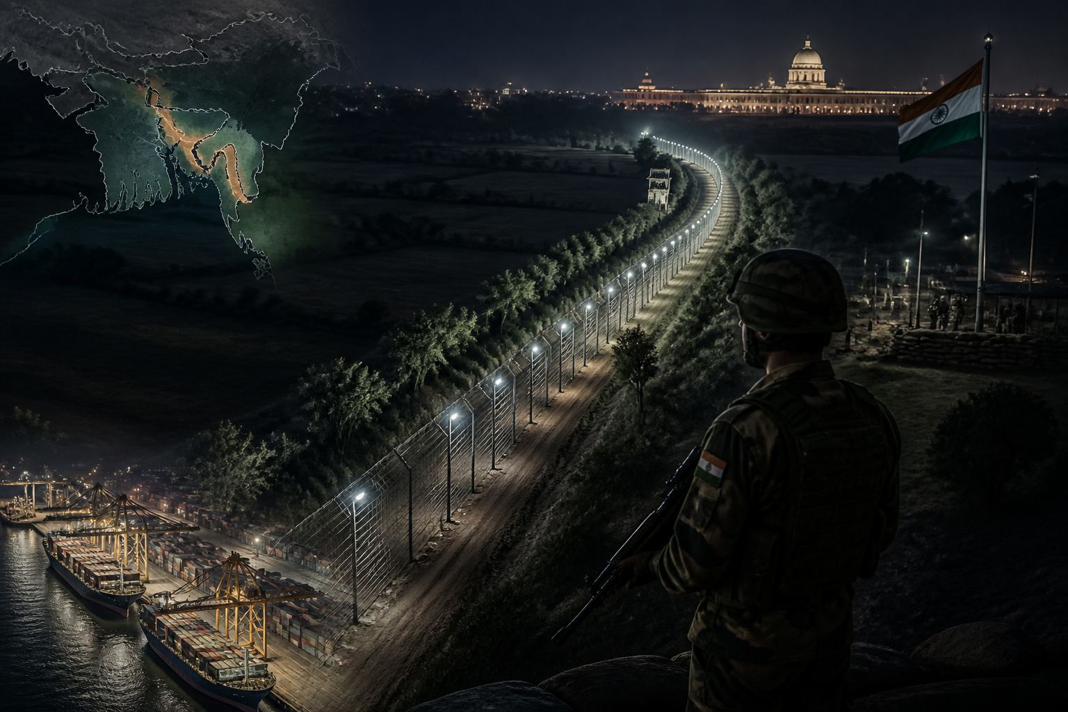 KJ Reports, South Asia — A high-angle shot of the floodlit India-Bangladesh border fence cutting through dark rural terrain at night, symbolising separation…